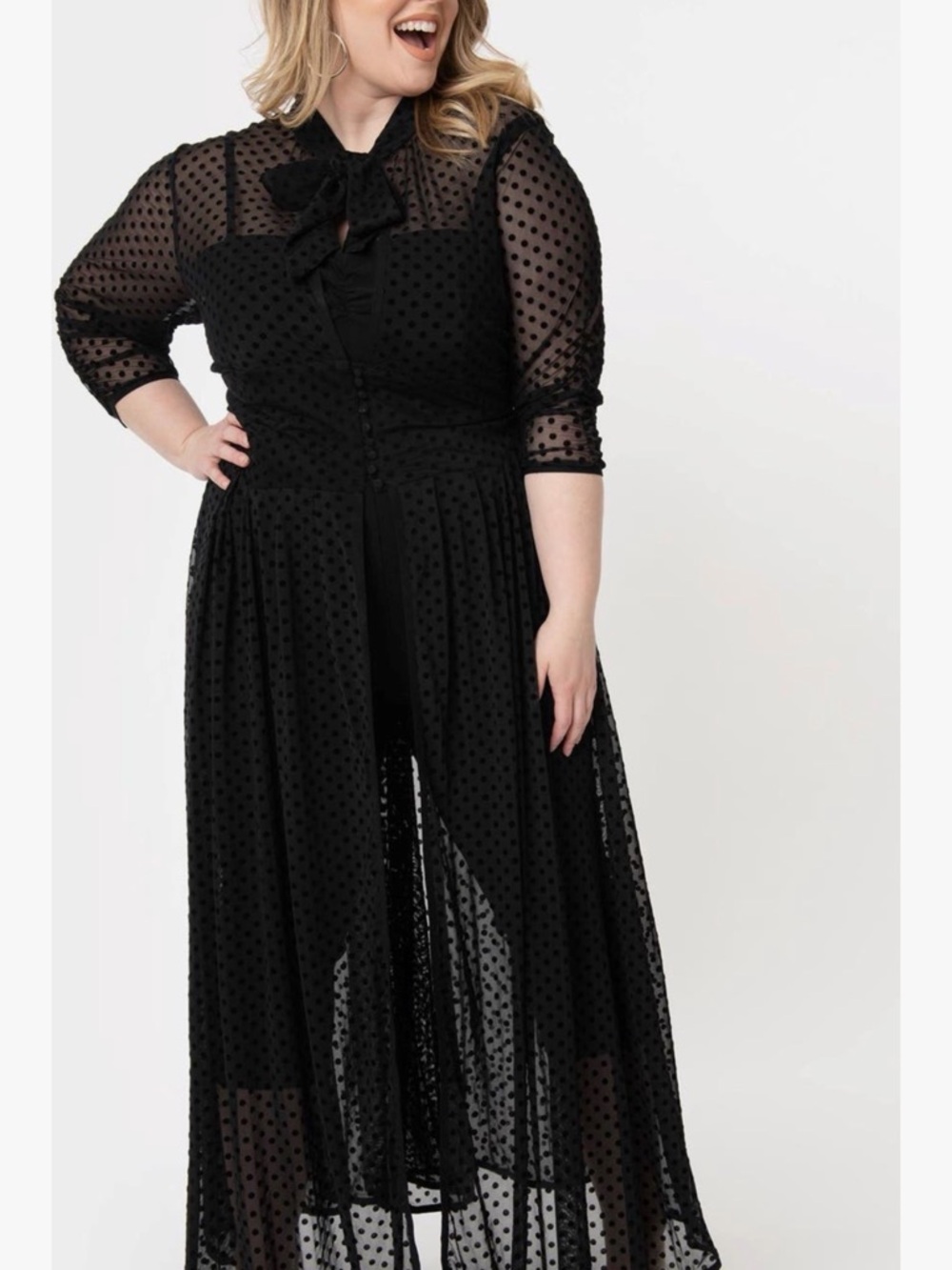 Unique Vintage Black Sheer Polka Dot Duster
